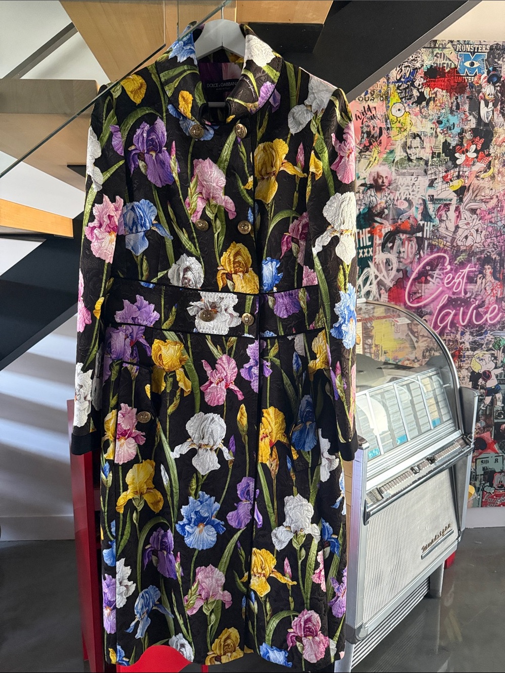 Dolce & Gabbana Black Midi Dress Coat with Multicolor Iris Embroidery
